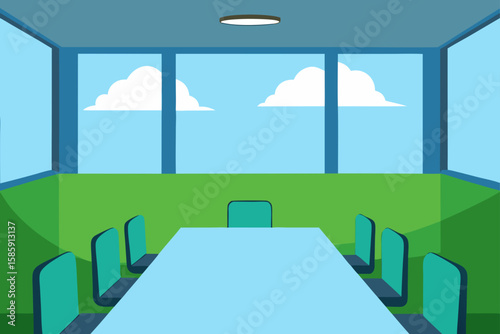 empty conference room with window to green meado