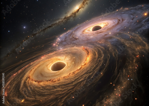 Rendered illustration of two massive black holes in the vast and mysterious outer space