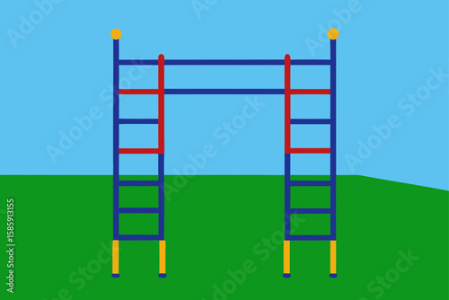 empty climbing frame on green turf with blue sky