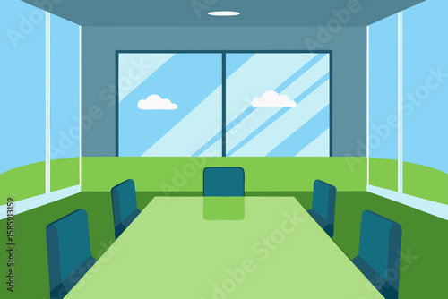 empty conference room with window to green meado