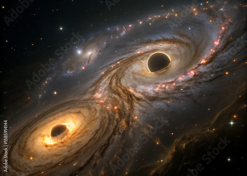 Artistic depiction of two black holes in space with swirling galaxies and celestial beauty