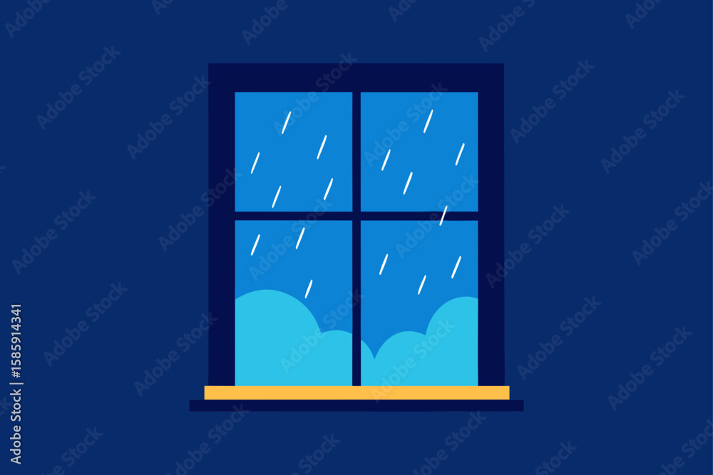 rain falling outside a cozy indoor workspace wind