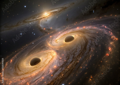 Stunning illustration of two orbiting black holes surrounded by luminous galaxies in space