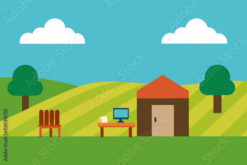 rural setting with a small office among fields
