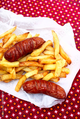 traditional south African street food Russian sausage and chips