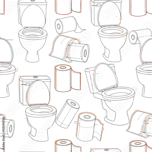 A charming pattern featuring various toilet designs and toilet paper rolls