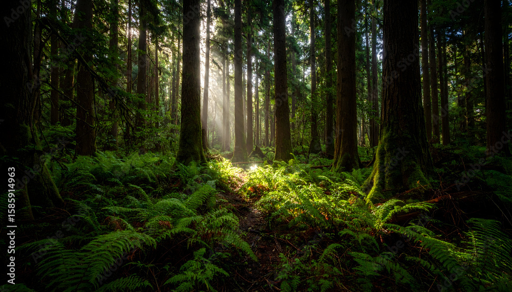 Fototapeta premium Sunlit Forest Path Lush Green Canopy Sunlight Beams