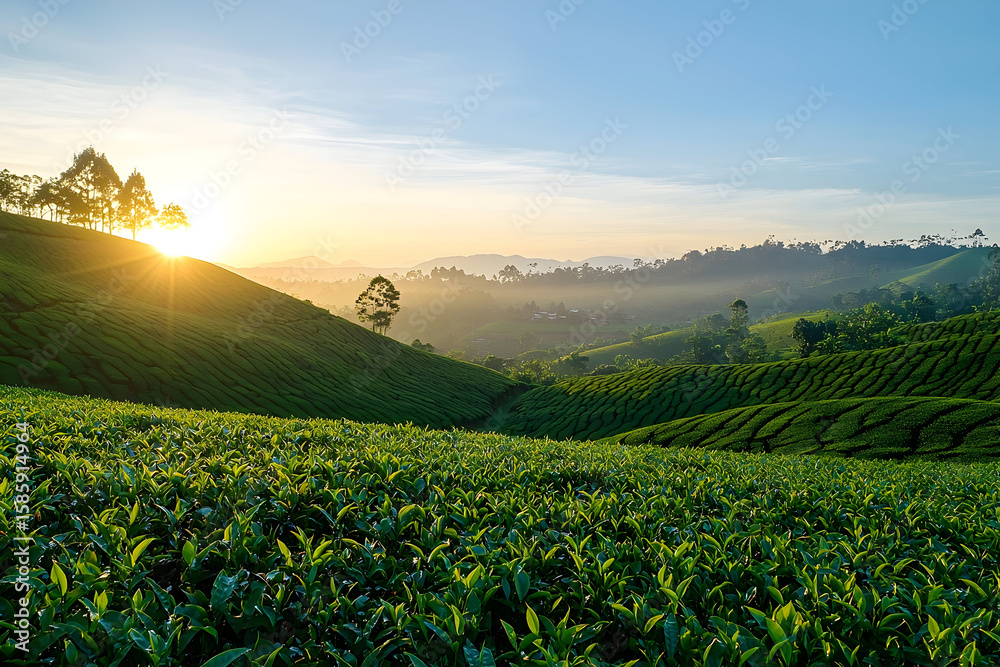 Fototapeta premium Serene sunrise over lush green tea plantations in Munnar, Kerala, India