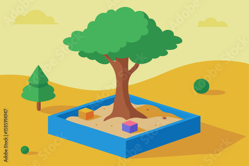 sandbox under a shady tree with scattered toys