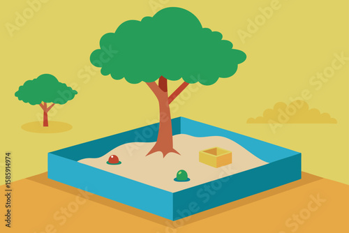 sandbox under a shady tree with scattered toys