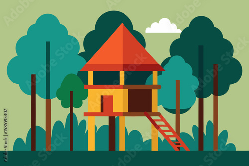 treehouse style playground in shaded woodland