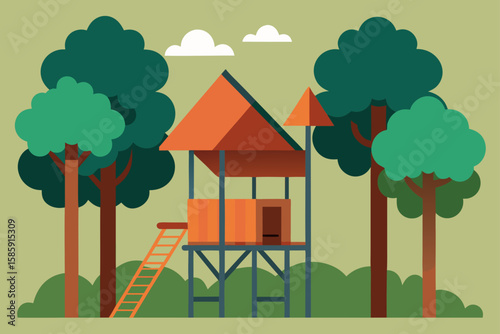 treehouse style playground in shaded woodland