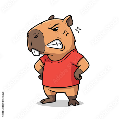 A furious capybara wearing a red t shirt showing its anger with determined expression