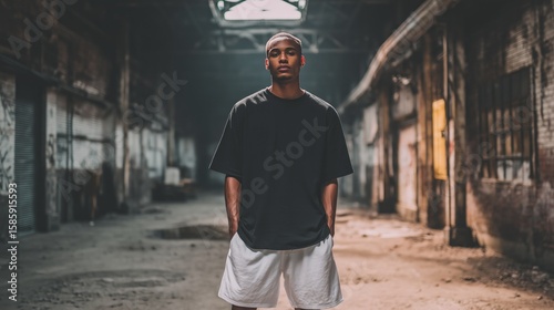 streetwear model in oversized black t-shirt and white shorts in industrial alley