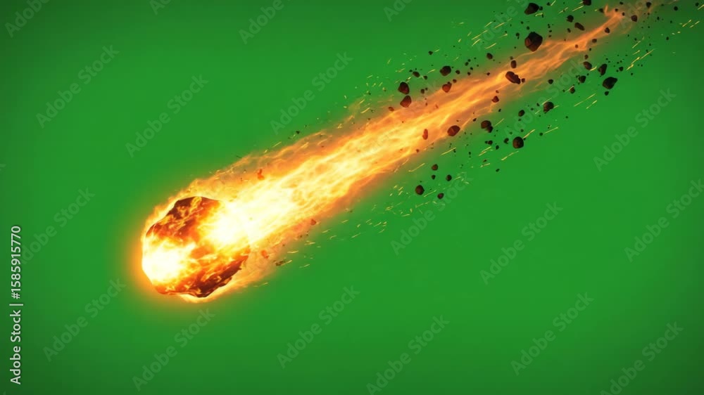 comet meteorite fiery with greenscreen background