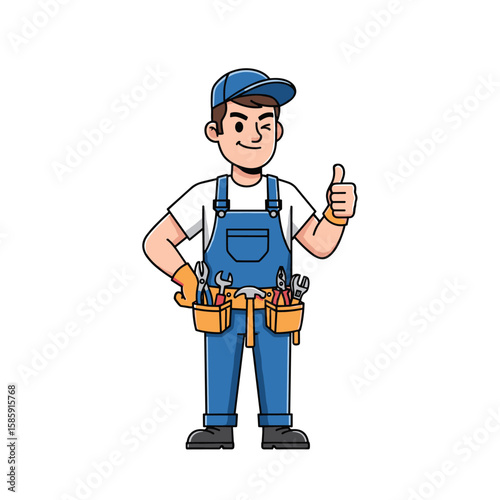 Skilled tradesperson showing thumbs up with tools belt