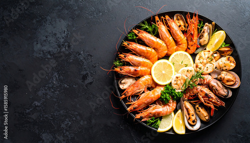 A delectable seafood platter featuring grilled prawns, mussels, and lemon wedges, artfully arranged on a dark tray.