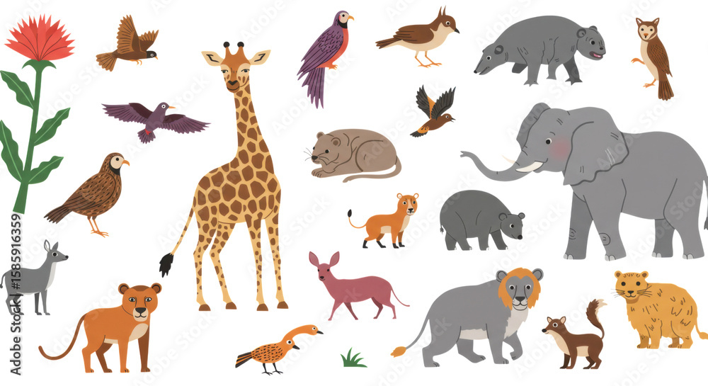 Obraz premium A vibrant illustration showcasing a diverse collection of safari animals in their natural habitat with lush greenery and a large red flower