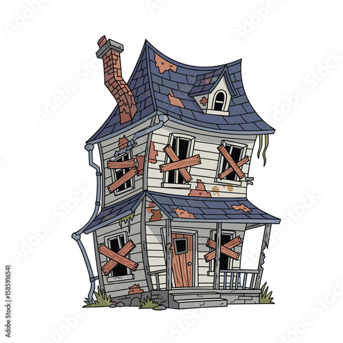 Creepy old abandoned house with boarded up windows and sagging roof