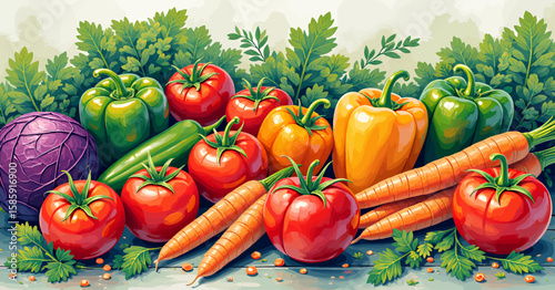 Colorful Harvest: Fresh Vegetables in a Lush Garden