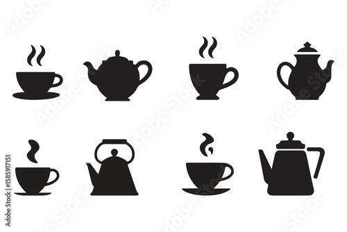 Silhouette Tea Icon Set. Teapots, Cups, Kettles, and Steaming Beverage Symbols