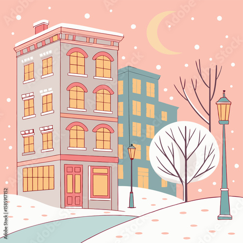 Cozy winter cityscape with snow and holiday lights. Stylized cartoon vector in soft pastel blues and whites, featuring charming details like steaming coffee cups and twinkling windows