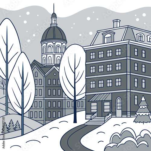 Cozy winter cityscape with snow and holiday lights. Stylized cartoon vector in soft pastel blues and whites, featuring charming details like steaming coffee cups and twinkling windows