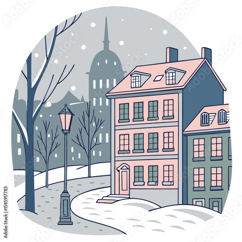Cozy winter cityscape with snow and holiday lights. Stylized cartoon vector in soft pastel blues and whites, featuring charming details like steaming coffee cups and twinkling windows