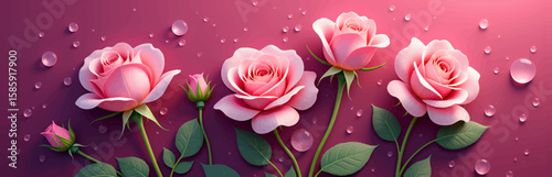 Delicate Pink Roses in Raindrops on Magenta Background