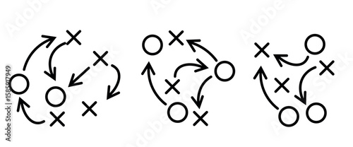 WebSoccer game strategy and tactic plan outline icons vector illustration set isolated on white background.
