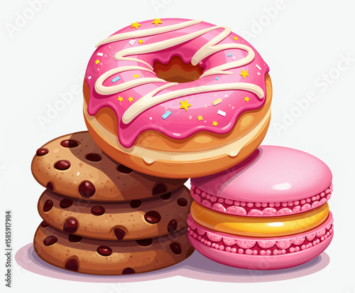 Delightful Desserts: Pink Donut, Chocolate Chip Cookies, and Macarons