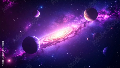 Cosmic nebula with planets in vibrant purple and violet hues.  Vast expanse of space filled with swirling galaxies and celestial bodies
