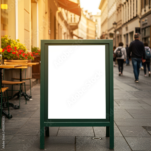 Warm and inviting blank poster mockup on a café menu board outside a coffee shop. Ideal for food promotions, menu designs, café events, or branding. Cozy street vibe with natural light.
