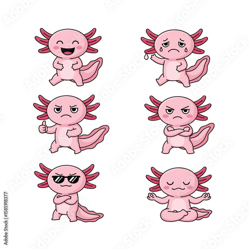 Cute cartoon axolotl characters expressing various emotions and poses