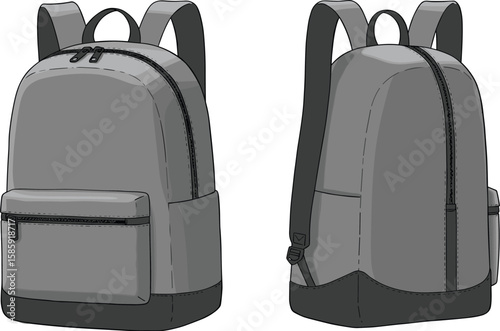 Minimalist gray backpack with front and side pockets, shown from multiple angles, modern school bag design, isolated on white background