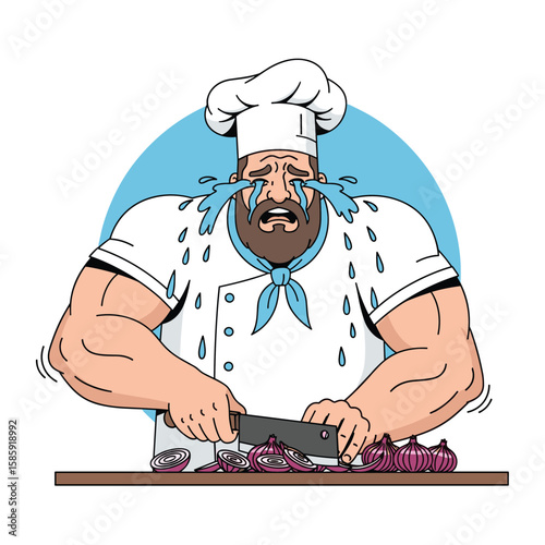 Tears of a chef chopping onions causing a messy kitchen scene