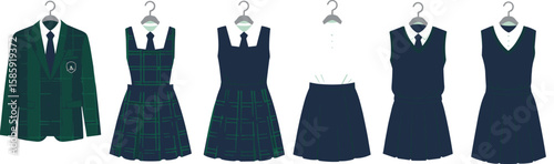 PrintCollection of formal school uniforms for girls and boys, green and navy styles, displayed on hangers, education fashion design template