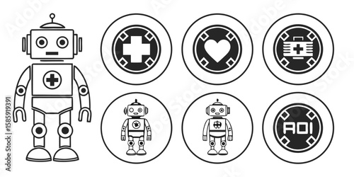 Robot medical heart first aid kit icons vector
