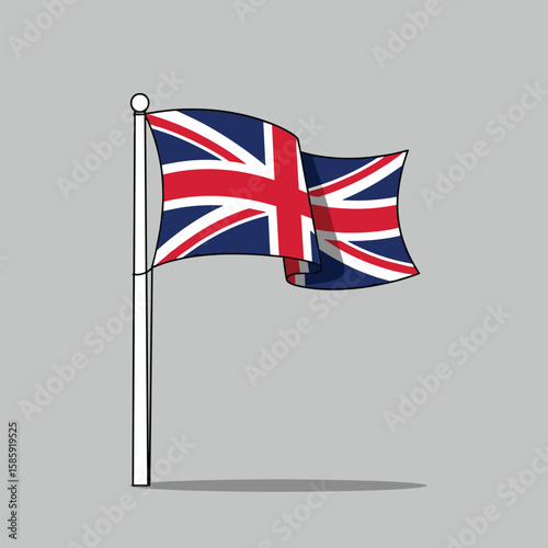 Waving union jack flag on a pole against a light gray background animated