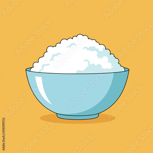 A generous portion of fluffy white rice piled high in a light blue ceramic bowl on a bright yellow background