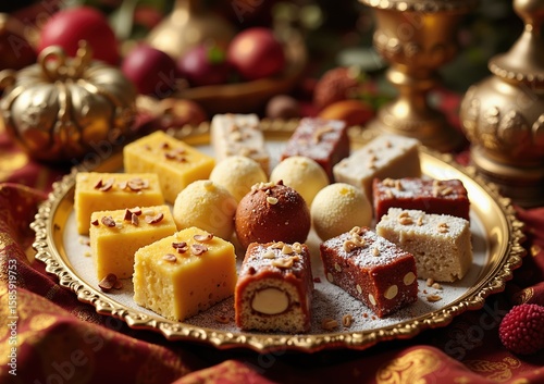 Exquisite indian sweets on ornate tray for festive celebration and culinary inspiration