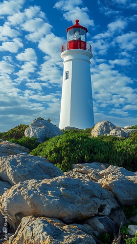 Isolated white lighthouse with red top stands tall against a bright blue sky with light clouds