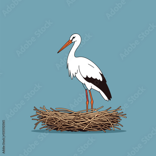 Elegant stork standing in a rustic nest with a calm blue sky background