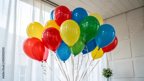A bunch of colorful helium balloons in red, yellow, green, and blue floating indoors near a window with white curtains.