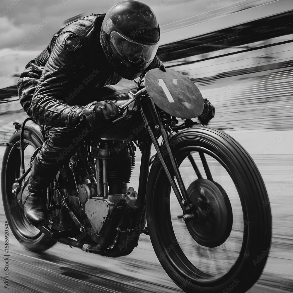Naklejka premium Vintage motorcycle racer in full leather gear speeding on a track with motion blur in dramatic black and white