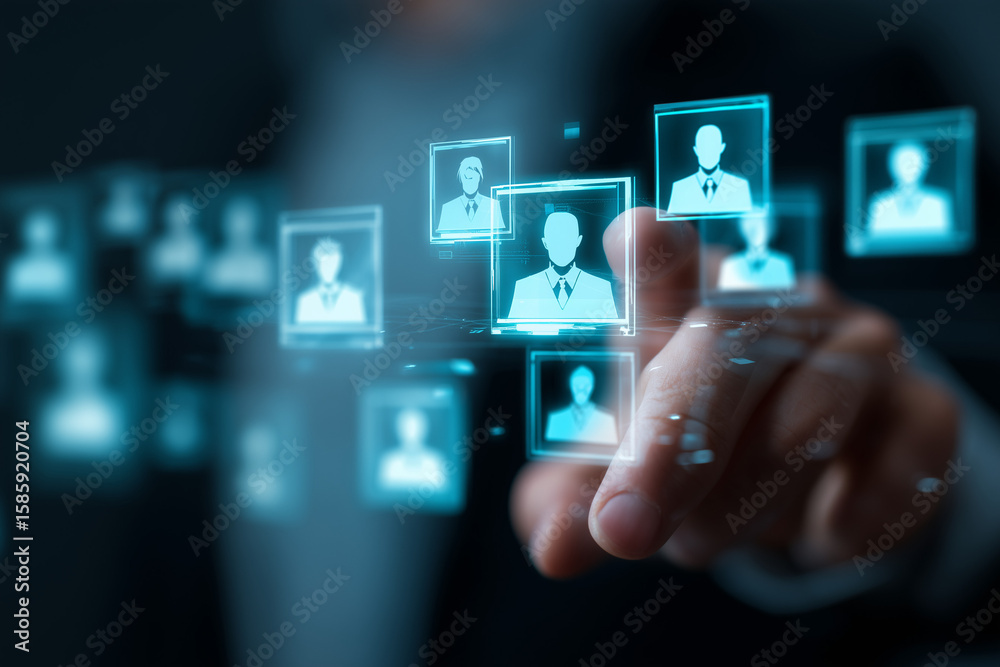 Selecting the Ideal Candidate: A hand delicately interacts with a holographic interface, navigating through a sea of potential candidates to find the perfect fit. Selecting the Ideal Candidate: A hand delicately interacts with a holographic interface, navigating through a sea of potential candidates to find the perfect fit.