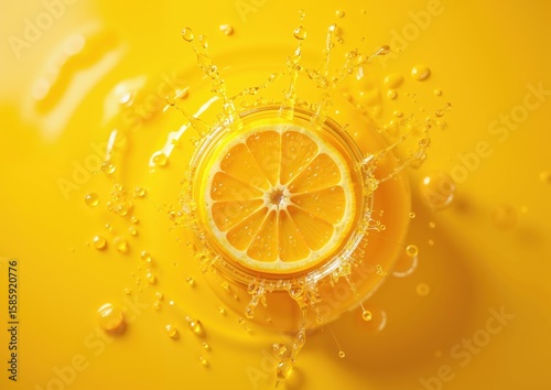 Vibrant citrus splash on yellow background - refreshing summer drink concept