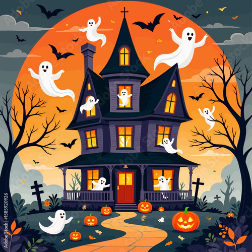 Haunted Mansion with Ghosts and Pumpkins at Halloween Night