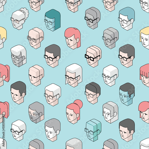 Abstract isometric people faces pattern design illustration modern minimalist graphic