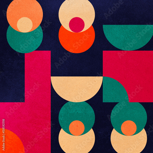 Stacked Circle Harmony. Stacked semicircles, full circles and bold shapes in warm and cool tones create a symmetrical, minimal composition with a modernist, playful feel.